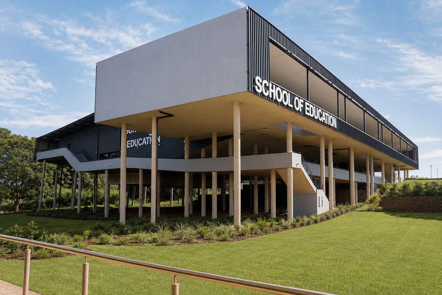 School of Education building raised on slender columns over a landscaped lawn.
